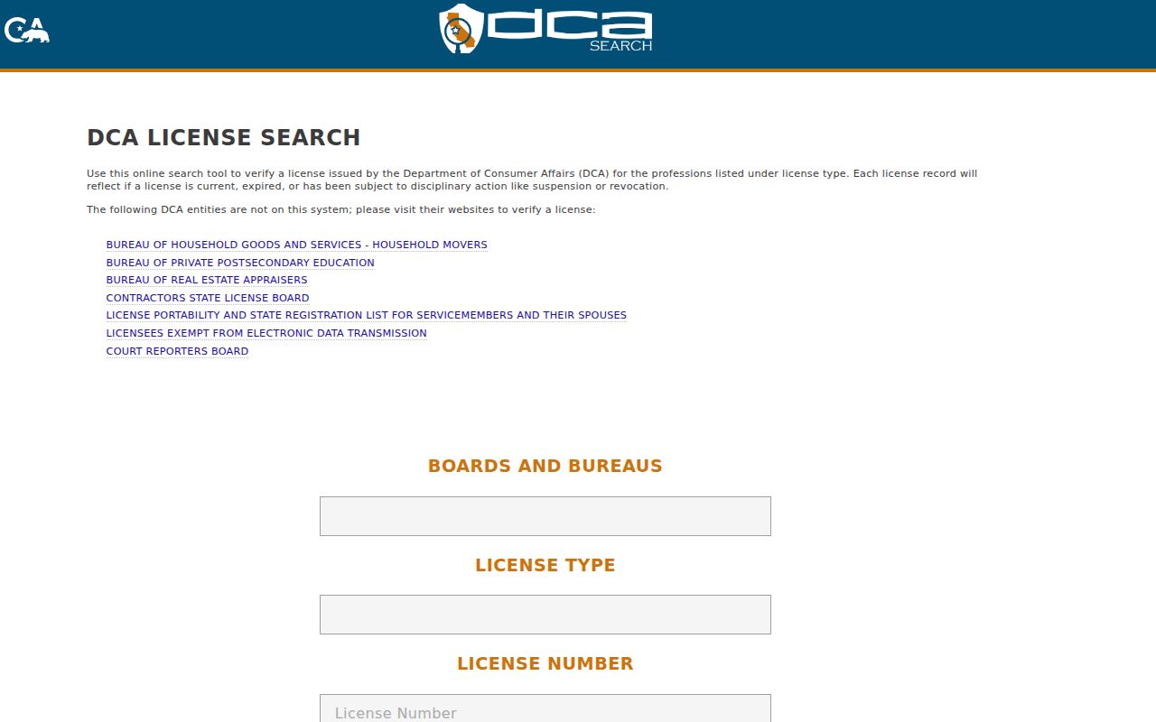 California Department of Consumer Affairs professional license search