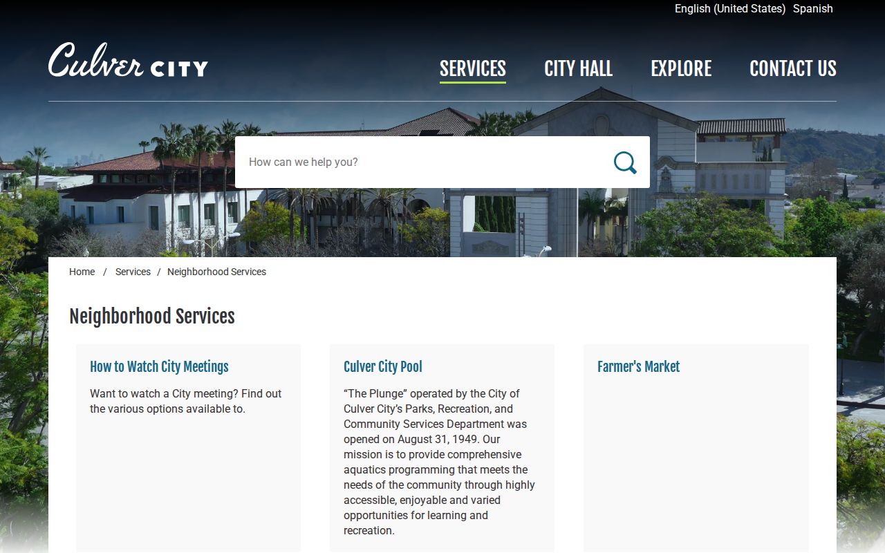Culver City neighbors screenshot of city neighborhood services navigation