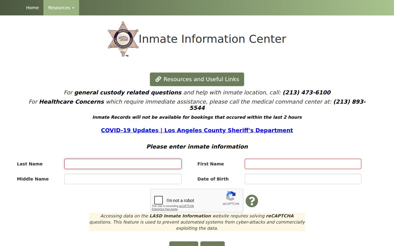 Culver City resident lookup showing the Los Angeles County inmate information search