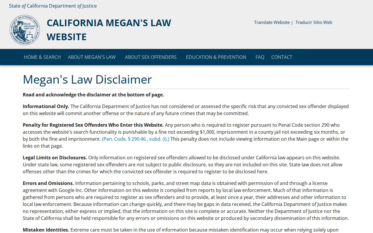 Culver City resident lookup showing the California Megan's Law registry
