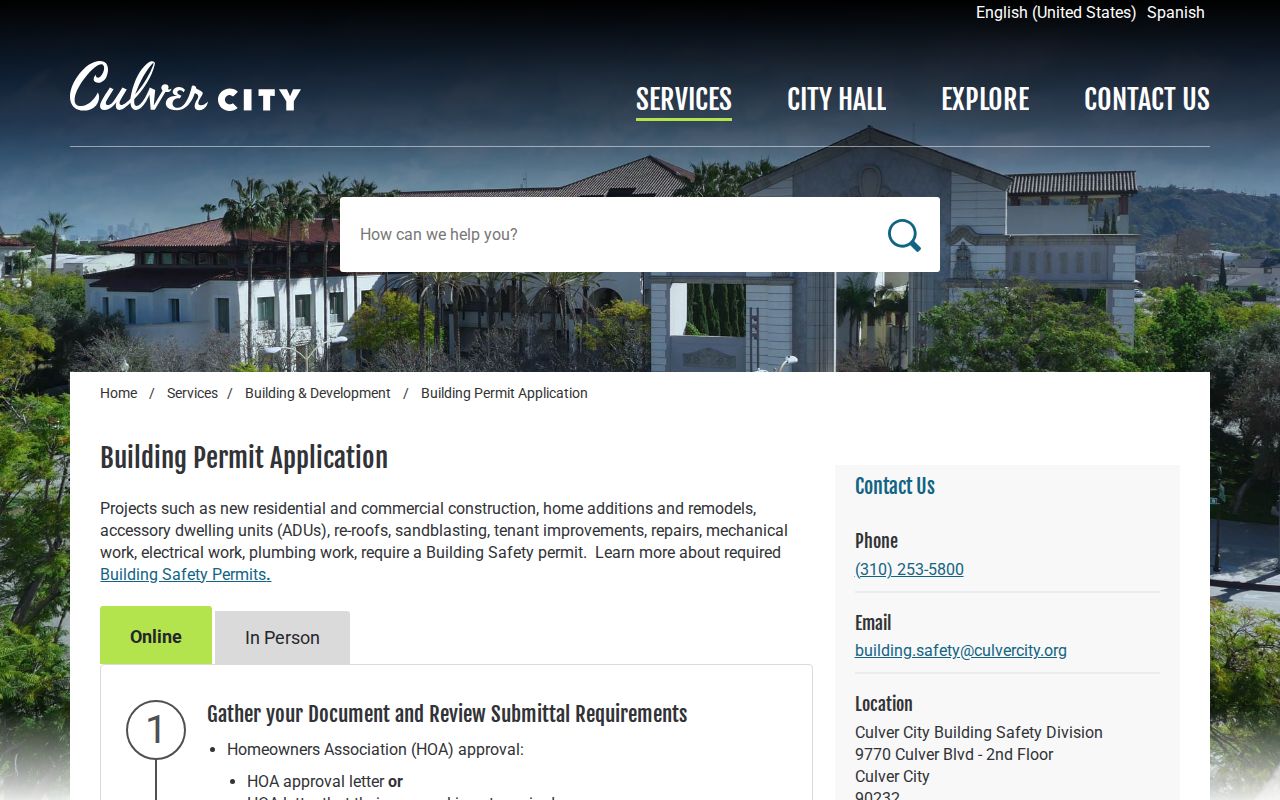 Culver City street directory screenshot of the building permit address workflow