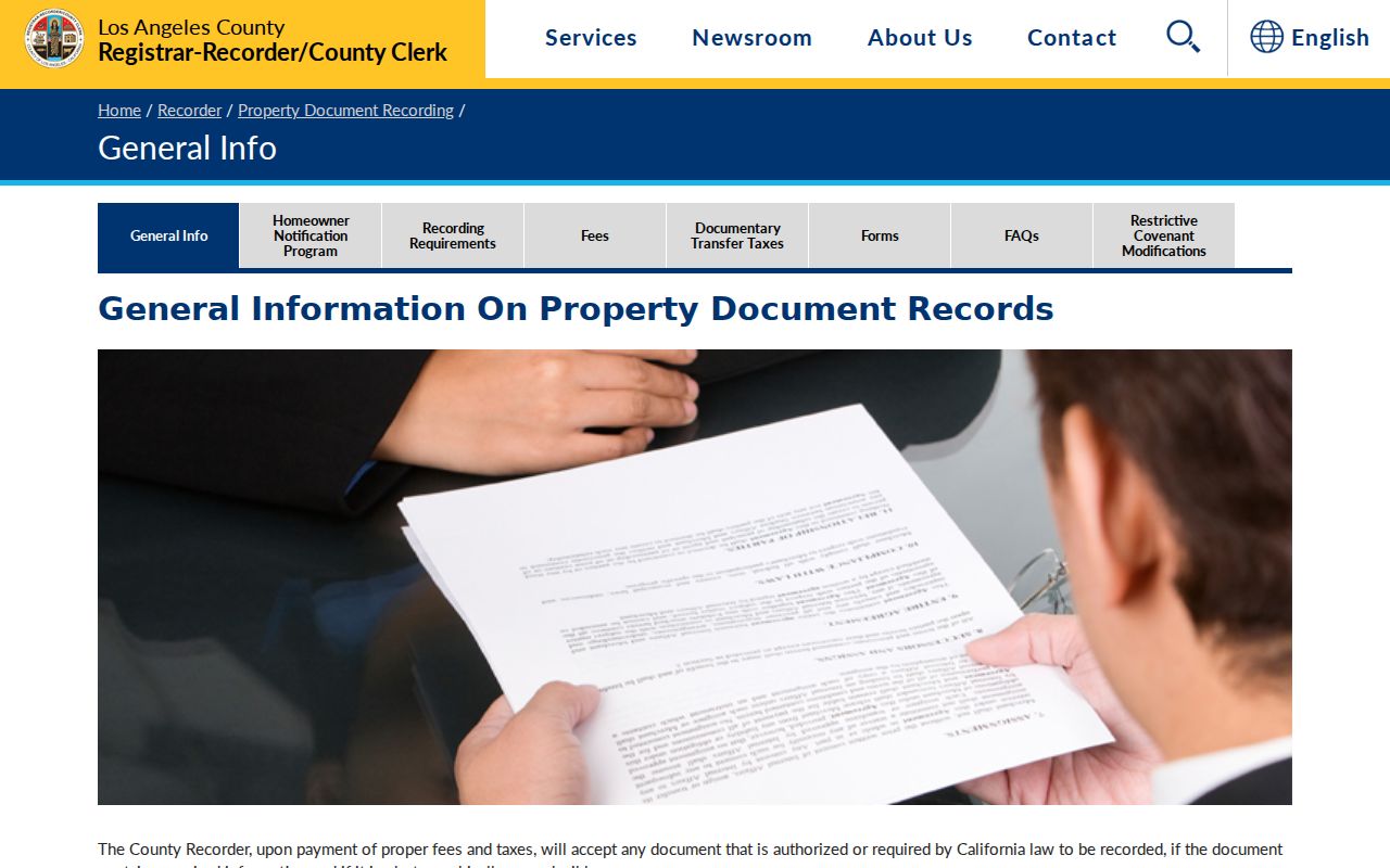 Culver City street directory screenshot of RR/CC property document recording guidance